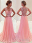 A Line V Neck Sweep Train Chiffon Prom Dresses With Appliques Lace