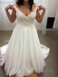 A Line V Neck Sweep Train Chiffon Wedding Dresses