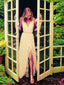 A Line V Neck Sweep Train Chiffon Wedding Dresses With Leg Slit