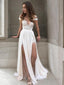 A Line V Neck Sweep Train Chiffon Wedding Dresses With Leg Slit