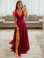 A Line V Neck Sweep Train Elastic Woven Satin Prom Dresses With Leg Slit
