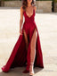 A Line V Neck Sweep Train Elastic Woven Satin Prom Dresses With Leg Slit