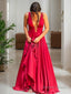 A Line V Neck Sweep Train Elastic Woven Satin Prom Dresses With Ruffles