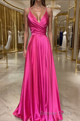 A-Line/Princess V-neck Sweep Train Elastic Woven Satin Prom Dresses