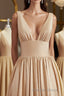 A Line V Neck Sweep Train Jersey Bridesmaid Dresses with Leg Slit