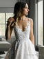 A Line V Neck Sweep Train Lace Wedding Dresses With Appliques Lace