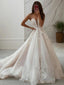 A Line V Neck Sweep Train Lace Wedding Dresses With Appliques Lace