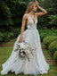 A Line V Neck Sweep Train Lace Wedding Dresses With Belt Sash