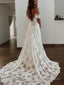 A Line V Neck Sweep Train Lace Wedding Dresses With Leg Slit