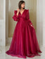 A Line V Neck Sweep Train Organza Prom Dresses With Ruffles