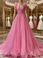 A Line V Neck Sweep Train Organza Prom Dresses With Ruffles