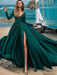 A Line V Neck Sweep Train Satin Chiffon Prom Dresses With Leg Slit