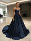 A Line V Neck Sweep Train Satin Prom Dresses With Appliques Lace