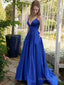 A Line V Neck Sweep Train Satin Prom Dresses With Pockets