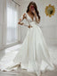 A Line V Neck Sweep Train Satin Wedding Dresses