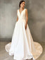 A Line V Neck Sweep Train Satin Wedding Dresses