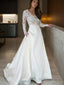 A Line V Neck Sweep Train Satin Wedding Dresses With Appliques Lace