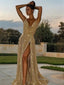 A Line V Neck Sweep Train Sequins Prom Dresses With Leg Slit