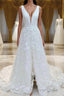 A Line V Neck Sweep Train Stretch Crepe Wedding Dresses With Leg Slit