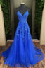 A Line V Neck Sweep Train Tulle Prom Dresses With Appliques Lace