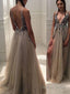 A Line V Neck Sweep Train Tulle Prom Dresses With Rhinestone