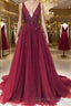 A Line V Neck Sweep Train Tulle Prom Dresses With Ruffles