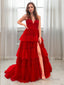 A Line V Neck Sweep Train Tulle Prom Dresses With Leg Slit
