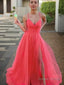 A Line V Neck Sweep Train Tulle Prom Dresses With Leg Slit