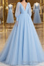 A Line V Neck Sweep Train Tulle Prom Dresses With Ruffles