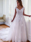 A Line V Neck Sweep Train Tulle Wedding Dresses