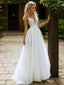 A Line V Neck Sweep Train Tulle Wedding Dresses