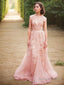 A Line V Neck Sweep Train Tulle Wedding Dresses With Appliques Lace