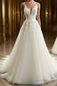 A Line V Neck Sweep Train Tulle Wedding Dresses With Appliques Lace