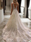 A Line V Neck Sweep Train Tulle Wedding Dresses With Appliques Lace