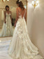 A Line V Neck Sweep Train Tulle Wedding Dresses With Appliques Lace