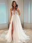 A Line V Neck Sweep Train Tulle Wedding Dresses With Leg Slit