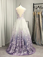 A-Line/Princess V-Neck Tulle Applique Sleeveless Floor-Length Prom Dresses