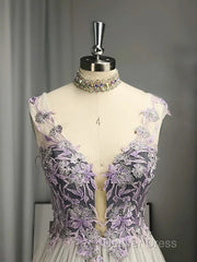 A-Line/Princess V-Neck Tulle Applique Sleeveless Floor-Length Prom Dresses