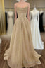 A Line Prom Dress Corsets Dresses Wedding Prom Sweep Brush Train Sleeveless Spaghetti Strap Tulle With Glitter Pleats