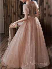 A-Line Prom Dresses Elegant Dresses Engagement Prom Floor Length Half Sleeve Square Neck Satin With Appliques