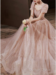 A-Line Prom Dresses Elegant Dresses Engagement Prom Floor Length Half Sleeve Square Neck Satin With Appliques