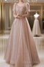 A Line Prom Dress Elegant Dresses Engagement Prom Floor Length Half Sleeve Square Neck Satin With Appliques
