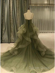 A-Line Prom Dresses Elegant Dresses Formal Court Train Christmas Red Green Dresses Sleeveless Spaghetti Strap Tulle With Pleats Ruffles