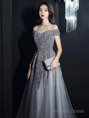 A-Line Prom Dresses Elegant Dress Formal Floor Length Short Sleeve Off Shoulder Polyester With Sequin