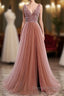 A-Line Prom Dresses Elegant Dresses Party Wear Court Train Sleeveless V Neck Polyester With Pearls Embroidery