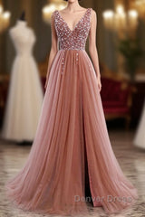 A-Line Prom Dresses Elegant Dresses Party Wear Court Train Sleeveless V Neck Polyester With Pearls Embroidery