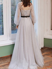 A-Line Prom Dresses Floral Dress Wedding Guest Engagement Sweep / Brush Train Long Sleeve Jewel Neck Tulle With Appliques