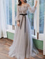 A Line Prom Dress Floral Dresses Wedding Guest Engagement Sweep Brush Train Long Sleeve Jewel Neck Tulle With Appliques