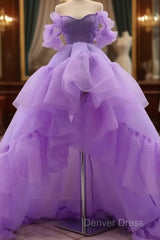 A-Line Prom Dresses High Low Dresses Quinceanera Asymmetrical Purple Short Sleeve Off Shoulder Tulle With Tier
