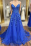 A-Line Prom Dresses Open Back Dresses Formal Prom Court Train Sleeveless V Neck Tulle Backless V Back With Beading Appliques
